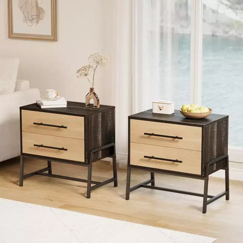 GustoWave Comodino con Cassetti, Comodino Largo 60 cm con Spazio Contenitore, Tavolino in Legno Chiaro con Gambe in Metallo, Comodino Marrone Scuro