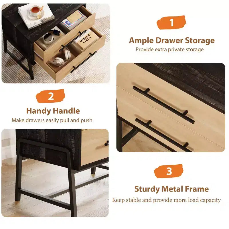GustoWave Comodino con Cassetti, Comodino Largo 60 cm con Spazio Contenitore, Tavolino in Legno Chiaro con Gambe in Metallo, Comodino Marrone Scuro