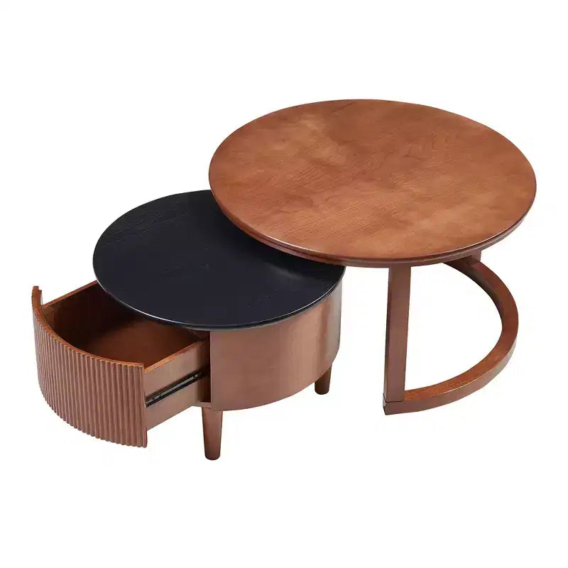 Tavolino da caffè impilabile rotondo, tavolino da salotto, tavolino laterale per divano, tavolino d'accento vintage con cassetto, nero e noce - ModernLuxe