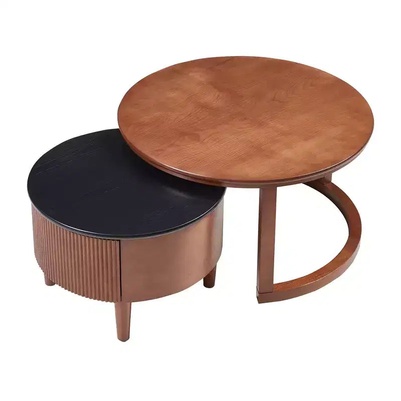 Tavolino da caffè impilabile rotondo, tavolino da salotto, tavolino laterale per divano, tavolino d'accento vintage con cassetto, nero e noce - ModernLuxe