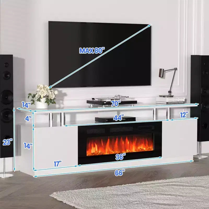 Mobile Porta TV Moderno con Camino, Doppio Controllo, 12 Colori Fiamma, Letto di Brace, Ampio Spazio di Archiviazione, Gestione Cavi - Console Media da 70" per Soggiorno, Bianco