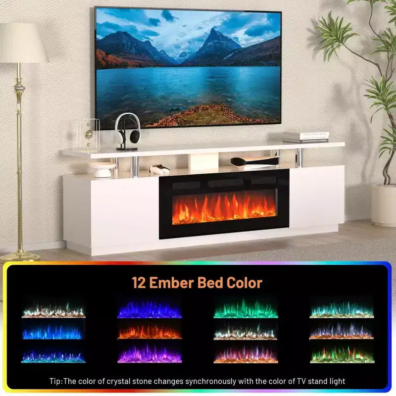 Mobile Porta TV Moderno con Camino, Doppio Controllo, 12 Colori Fiamma, Letto di Brace, Ampio Spazio di Archiviazione, Gestione Cavi - Console Media da 70" per Soggiorno, Bianco