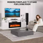 Mobile Porta TV Moderno con Camino, Doppio Controllo, 12 Colori Fiamma, Letto di Brace, Ampio Spazio di Archiviazione, Gestione Cavi - Console Media da 70" per Soggiorno, Bianco