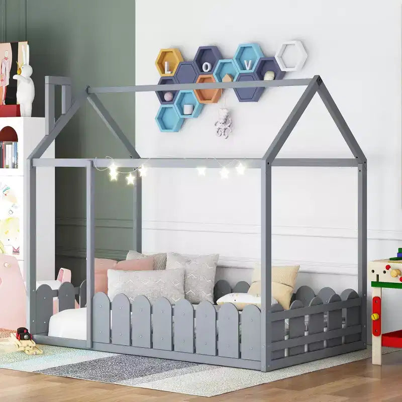 Bellemave Twin Montessori Floor Bed Frame for Kids, Wooden House Bed with Fence, Low Floor Toddler Bed, Gray