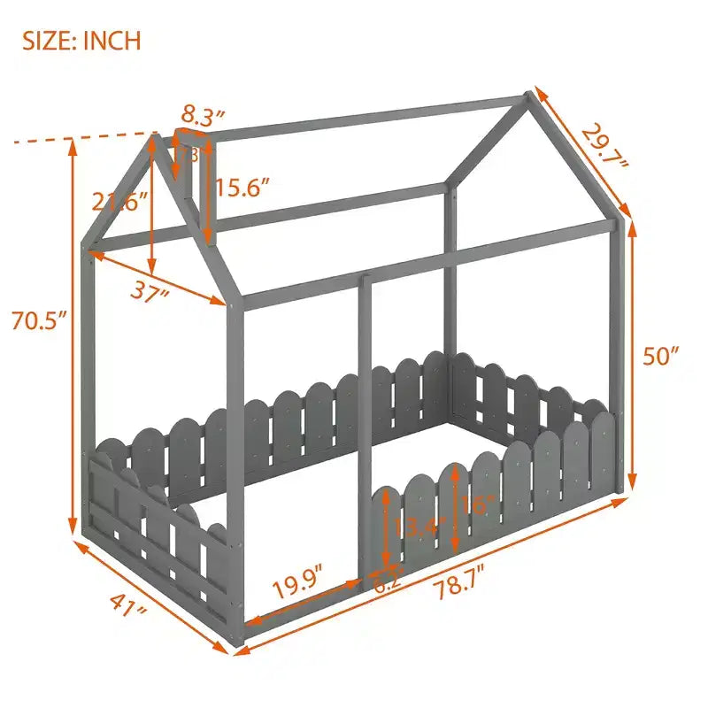 Bellemave Letto a Pavimento Montessori Singolo per Bambini, Letto a Casetta in Legno con Recinzione, Letto Basso per Bambini, Grigio