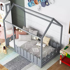 Bellemave Letto a Pavimento Montessori Singolo per Bambini, Letto a Casetta in Legno con Recinzione, Letto Basso per Bambini, Grigio