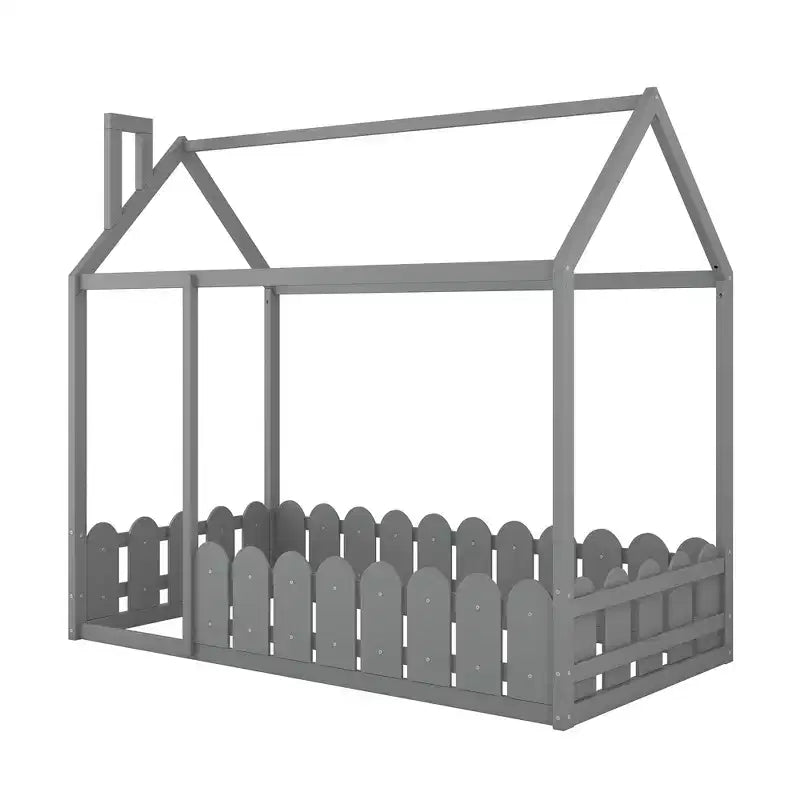 Bellemave Letto a Pavimento Montessori Singolo per Bambini, Letto a Casetta in Legno con Recinzione, Letto Basso per Bambini, Grigio