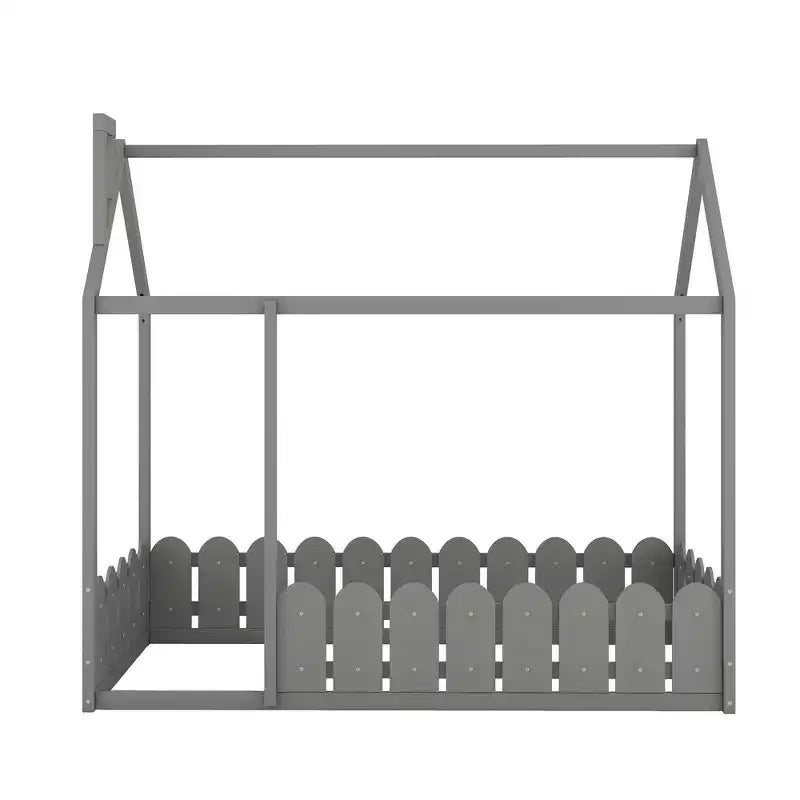 Bellemave Letto a Pavimento Montessori Singolo per Bambini, Letto a Casetta in Legno con Recinzione, Letto Basso per Bambini, Grigio