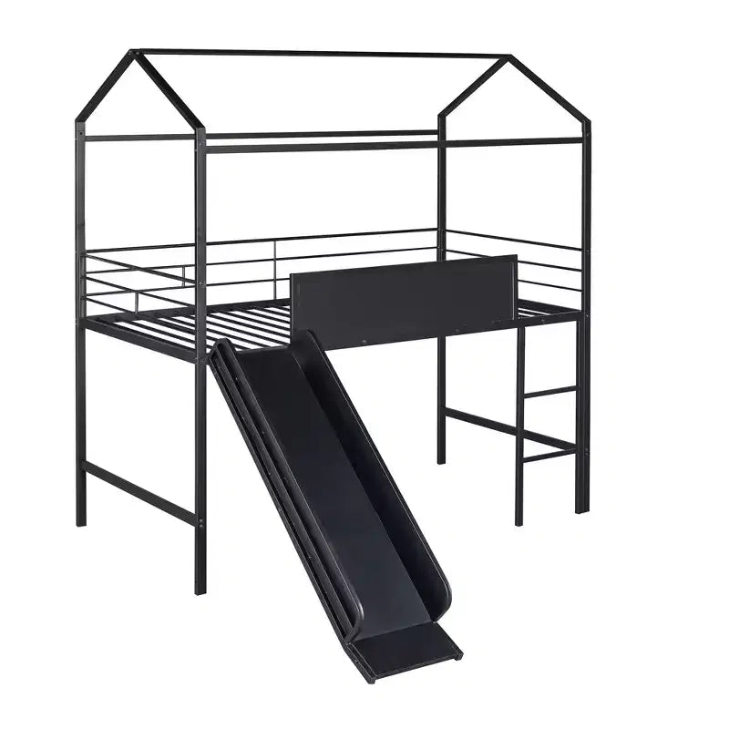 Letto a castello a soppalco con scivolo, letto a casetta in metallo con tetto, letto a soppalco basso con lavagna in legno scrivibile per bambini e ragazzi