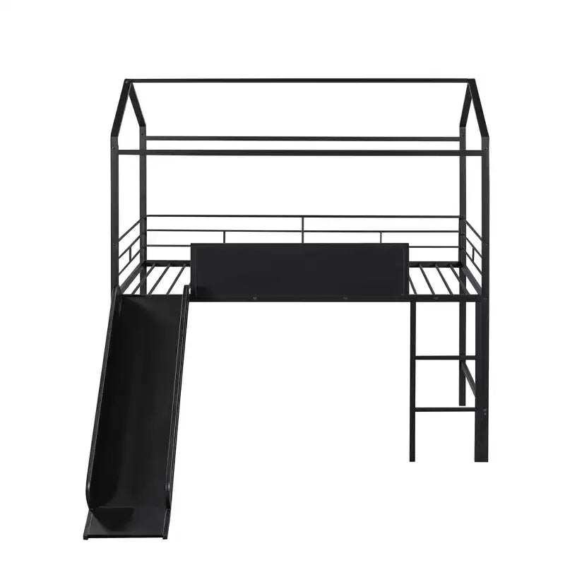 Letto a castello a soppalco con scivolo, letto a casetta in metallo con tetto, letto a soppalco basso con lavagna in legno scrivibile per bambini e ragazzi