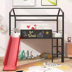 Letto a castello a soppalco con scivolo, letto a casetta in metallo con tetto, letto a soppalco basso con lavagna in legno scrivibile per bambini e ragazzi