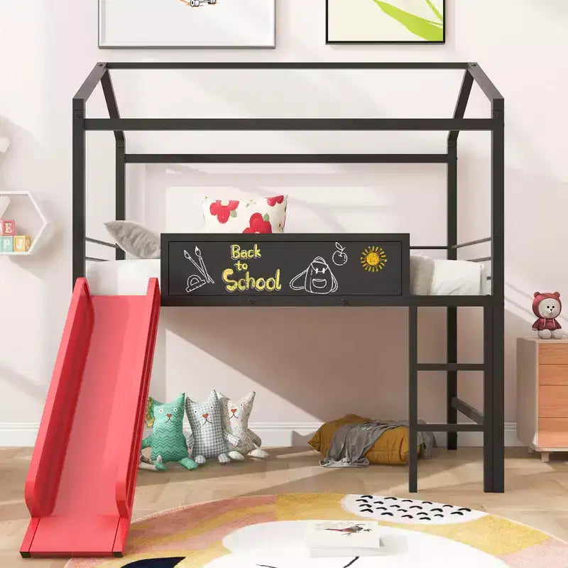 Letto a castello a soppalco con scivolo, letto a casetta in metallo con tetto, letto a soppalco basso con lavagna in legno scrivibile per bambini e ragazzi