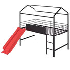 Letto a castello a soppalco con scivolo, letto a casetta in metallo con tetto, letto a soppalco basso con lavagna in legno scrivibile per bambini e ragazzi