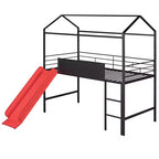 Letto a castello a soppalco con scivolo, letto a casetta in metallo con tetto, letto a soppalco basso con lavagna in legno scrivibile per bambini e ragazzi
