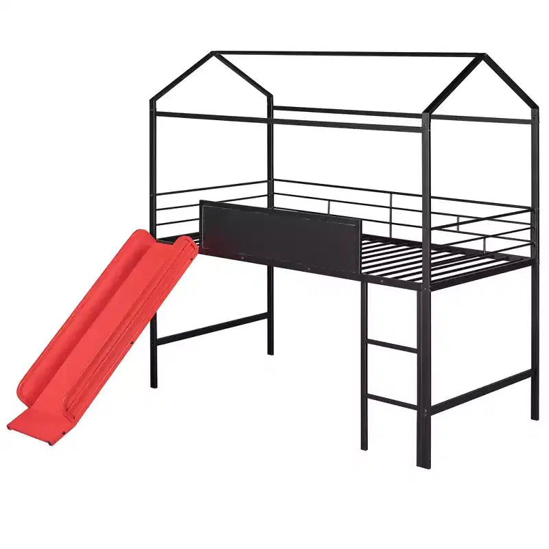 Letto a castello a soppalco con scivolo, letto a casetta in metallo con tetto, letto a soppalco basso con lavagna in legno scrivibile per bambini e ragazzi