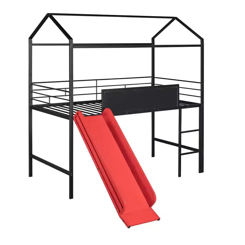 Letto a castello a soppalco con scivolo, letto a casetta in metallo con tetto, letto a soppalco basso con lavagna in legno scrivibile per bambini e ragazzi