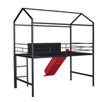 Letto a castello a soppalco con scivolo, letto a casetta in metallo con tetto, letto a soppalco basso con lavagna in legno scrivibile per bambini e ragazzi