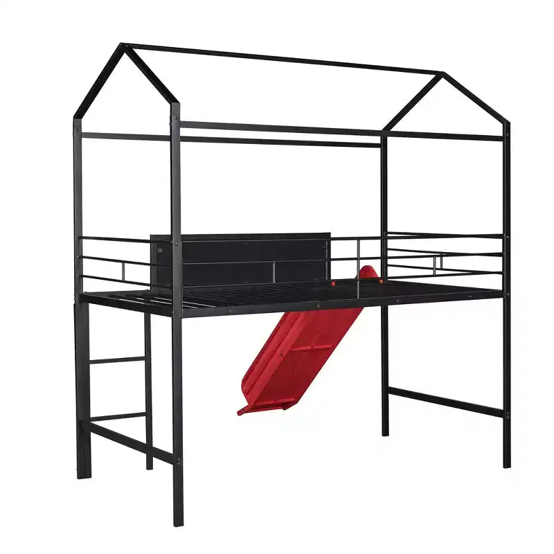 Letto a castello a soppalco con scivolo, letto a casetta in metallo con tetto, letto a soppalco basso con lavagna in legno scrivibile per bambini e ragazzi