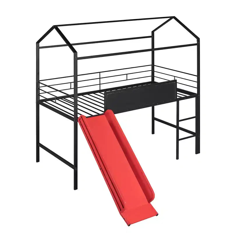 Letto a castello a soppalco con scivolo, letto a casetta in metallo con tetto, letto a soppalco basso con lavagna in legno scrivibile per bambini e ragazzi