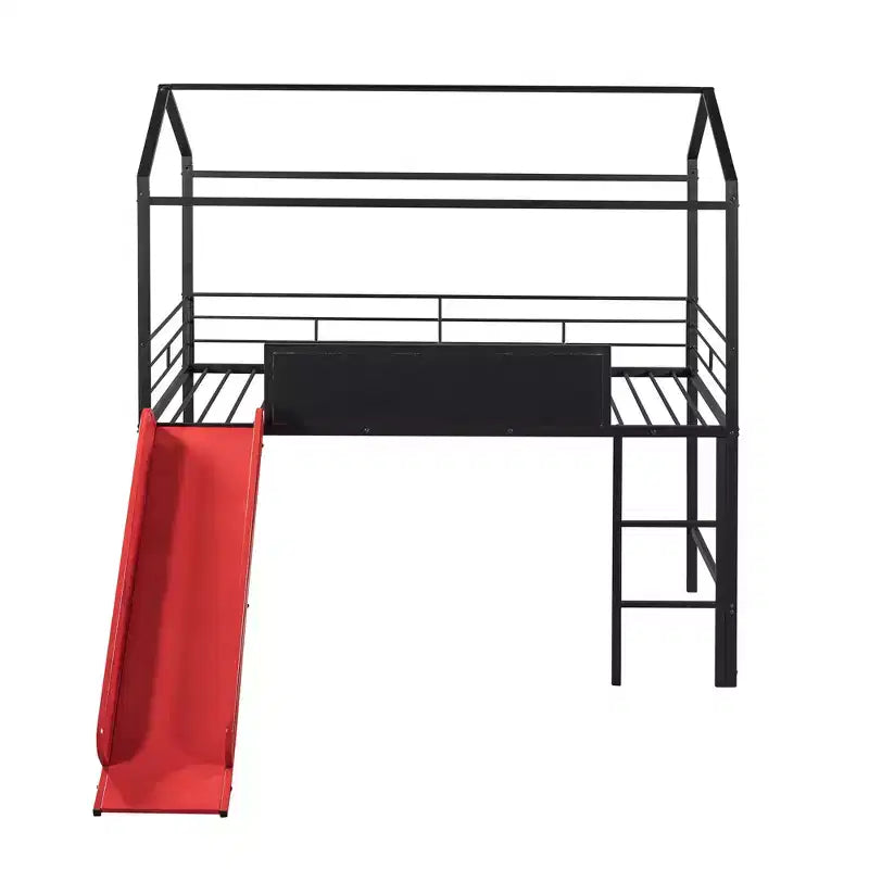 Letto a castello a soppalco con scivolo, letto a casetta in metallo con tetto, letto a soppalco basso con lavagna in legno scrivibile per bambini e ragazzi
