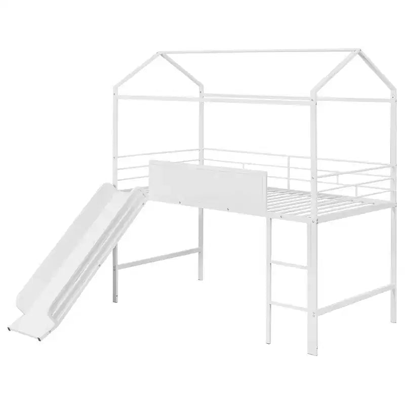 Letto a castello a soppalco con scivolo, letto a casetta in metallo con tetto, letto a soppalco basso con lavagna in legno scrivibile per bambini e ragazzi