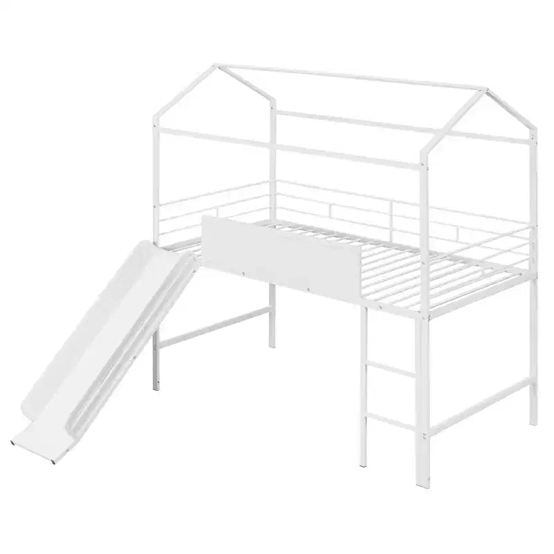 Letto a castello a soppalco con scivolo, letto a casetta in metallo con tetto, letto a soppalco basso con lavagna in legno scrivibile per bambini e ragazzi