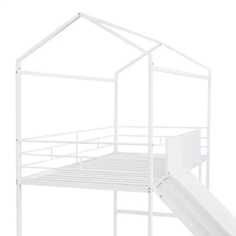 Letto a castello a soppalco con scivolo, letto a casetta in metallo con tetto, letto a soppalco basso con lavagna in legno scrivibile per bambini e ragazzi