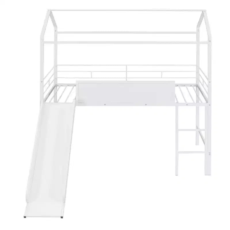 Letto a castello a soppalco con scivolo, letto a casetta in metallo con tetto, letto a soppalco basso con lavagna in legno scrivibile per bambini e ragazzi