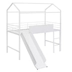 Letto a castello a soppalco con scivolo, letto a casetta in metallo con tetto, letto a soppalco basso con lavagna in legno scrivibile per bambini e ragazzi