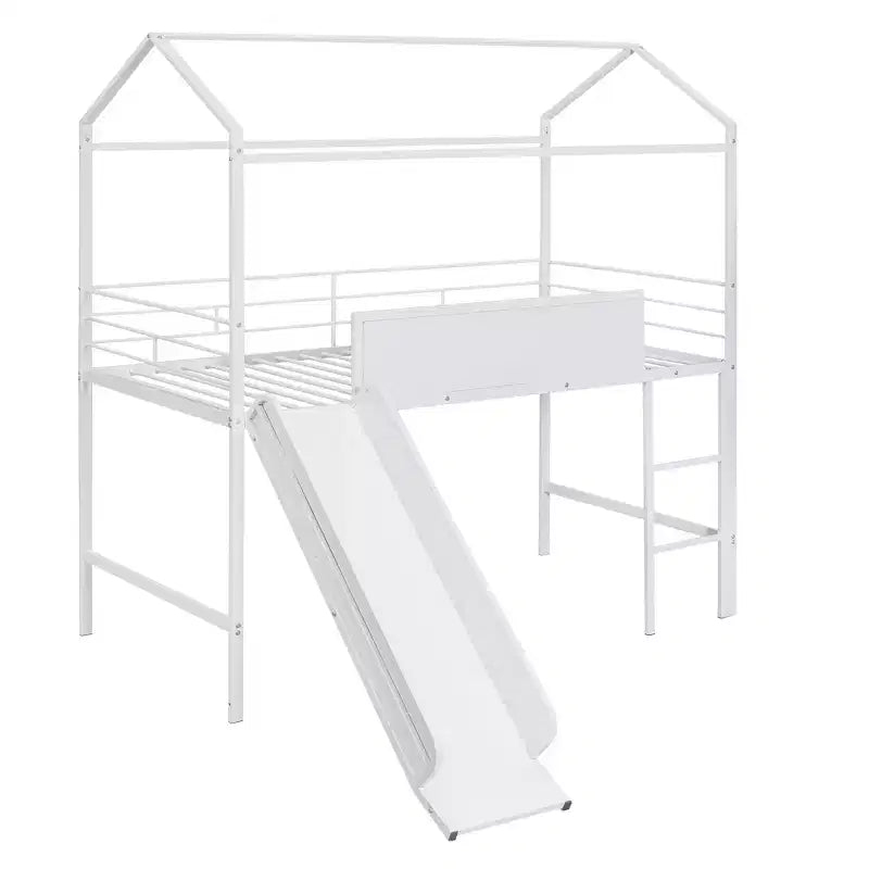 Letto a castello a soppalco con scivolo, letto a casetta in metallo con tetto, letto a soppalco basso con lavagna in legno scrivibile per bambini e ragazzi