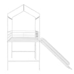 Letto a castello a soppalco con scivolo, letto a casetta in metallo con tetto, letto a soppalco basso con lavagna in legno scrivibile per bambini e ragazzi