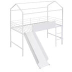 Letto a castello a soppalco con scivolo, letto a casetta in metallo con tetto, letto a soppalco basso con lavagna in legno scrivibile per bambini e ragazzi