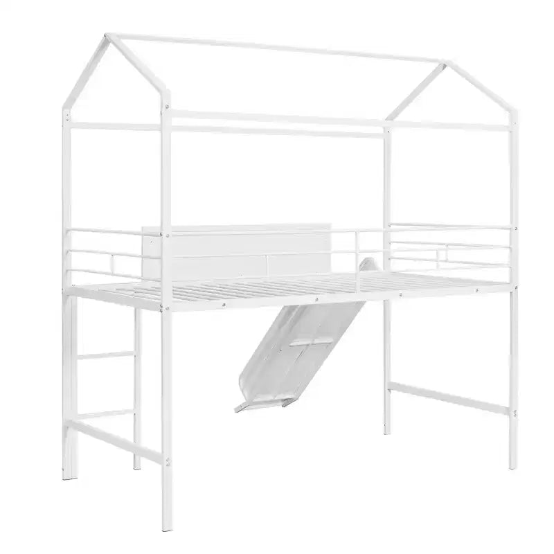 Letto a castello a soppalco con scivolo, letto a casetta in metallo con tetto, letto a soppalco basso con lavagna in legno scrivibile per bambini e ragazzi