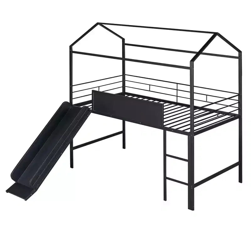 Letto a castello a soppalco con scivolo, letto a casetta in metallo con tetto, letto a soppalco basso con lavagna in legno scrivibile per bambini e ragazzi