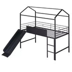 Letto a castello a soppalco con scivolo, letto a casetta in metallo con tetto, letto a soppalco basso con lavagna in legno scrivibile per bambini e ragazzi