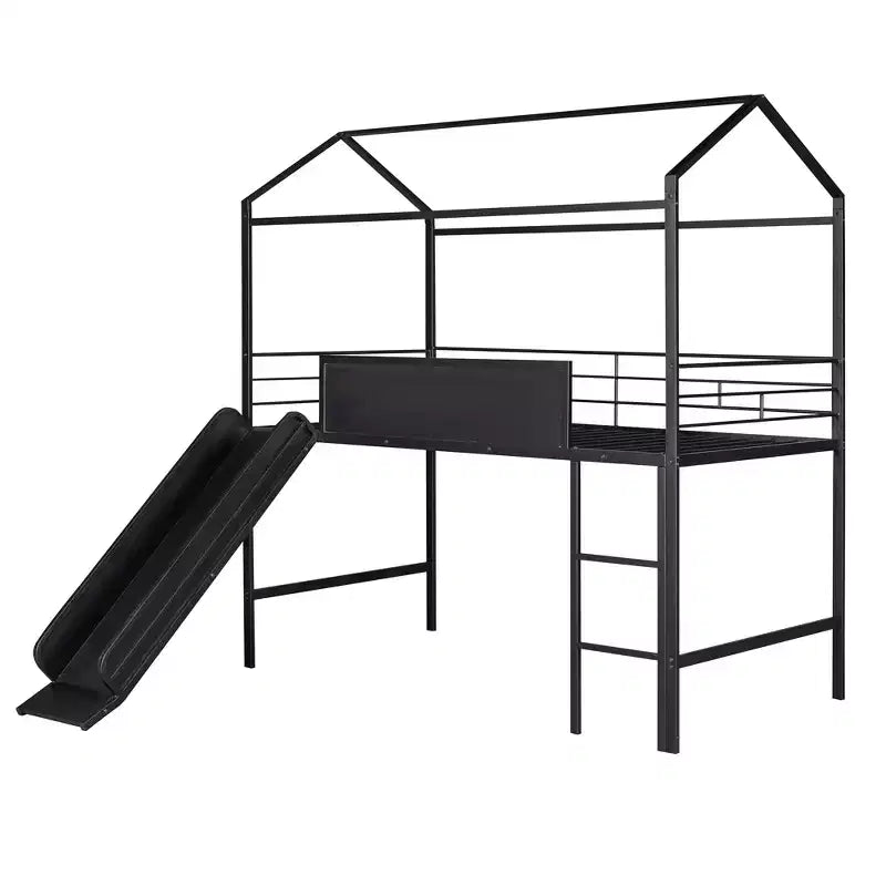 Letto a castello a soppalco con scivolo, letto a casetta in metallo con tetto, letto a soppalco basso con lavagna in legno scrivibile per bambini e ragazzi