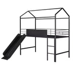 Letto a castello a soppalco con scivolo, letto a casetta in metallo con tetto, letto a soppalco basso con lavagna in legno scrivibile per bambini e ragazzi