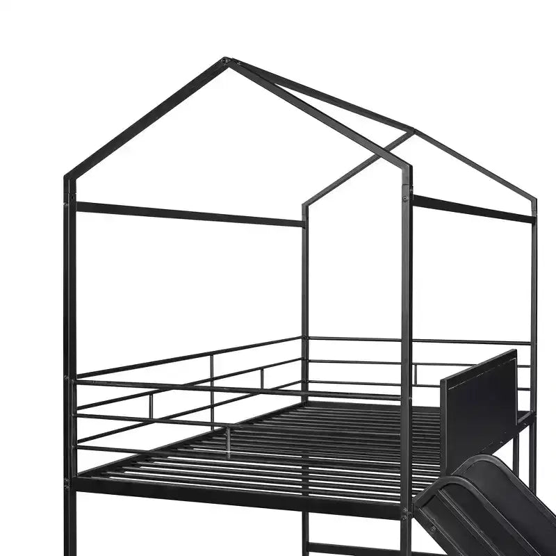 Letto a castello a soppalco con scivolo, letto a casetta in metallo con tetto, letto a soppalco basso con lavagna in legno scrivibile per bambini e ragazzi