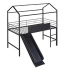 Letto a castello a soppalco con scivolo, letto a casetta in metallo con tetto, letto a soppalco basso con lavagna in legno scrivibile per bambini e ragazzi