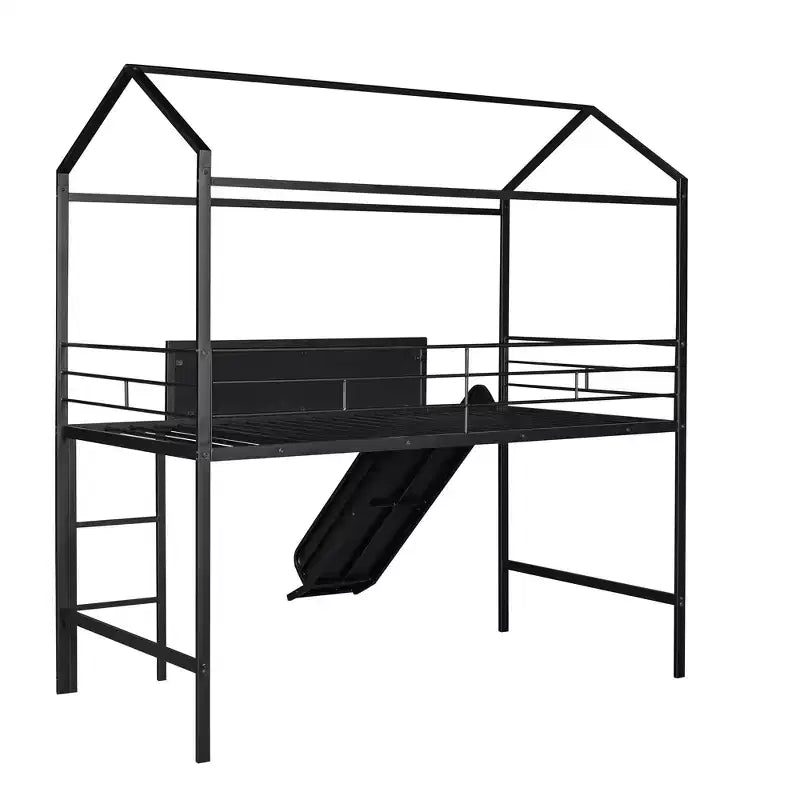 Letto a castello a soppalco con scivolo, letto a casetta in metallo con tetto, letto a soppalco basso con lavagna in legno scrivibile per bambini e ragazzi