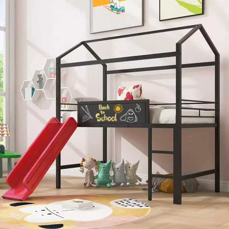 Letto a castello a soppalco con scivolo, letto a casetta in metallo con tetto, letto a soppalco basso con lavagna in legno scrivibile per bambini e ragazzi