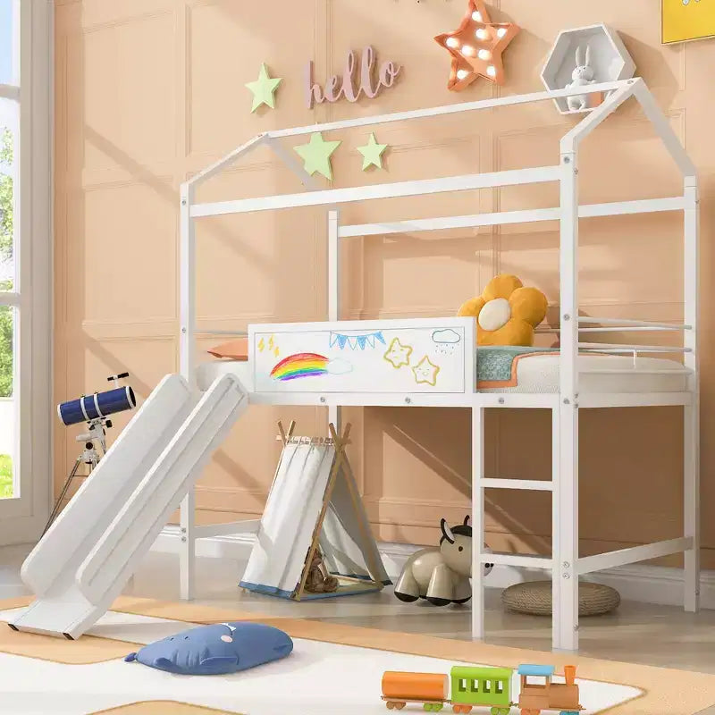 Letto a castello a soppalco con scivolo, letto a casetta in metallo con tetto, letto a soppalco basso con lavagna in legno scrivibile per bambini e ragazzi