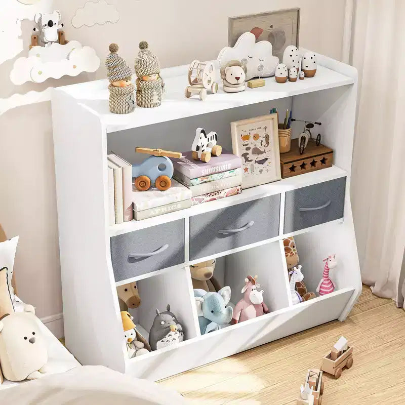 SUGIFT Libreria per bambini, mobile contenitore per giocattoli, organizzatore di giocattoli per bambini, testiera libreria, libreria per bambini, bianca