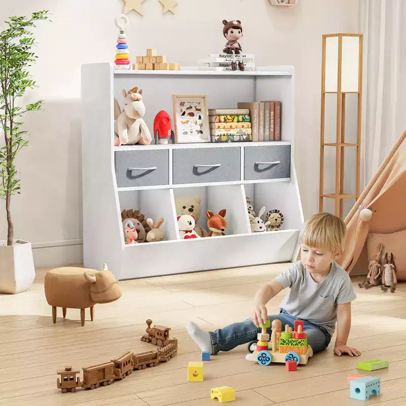 SUGIFT Libreria per bambini, mobile contenitore per giocattoli, organizzatore di giocattoli per bambini, testiera libreria, libreria per bambini, bianca