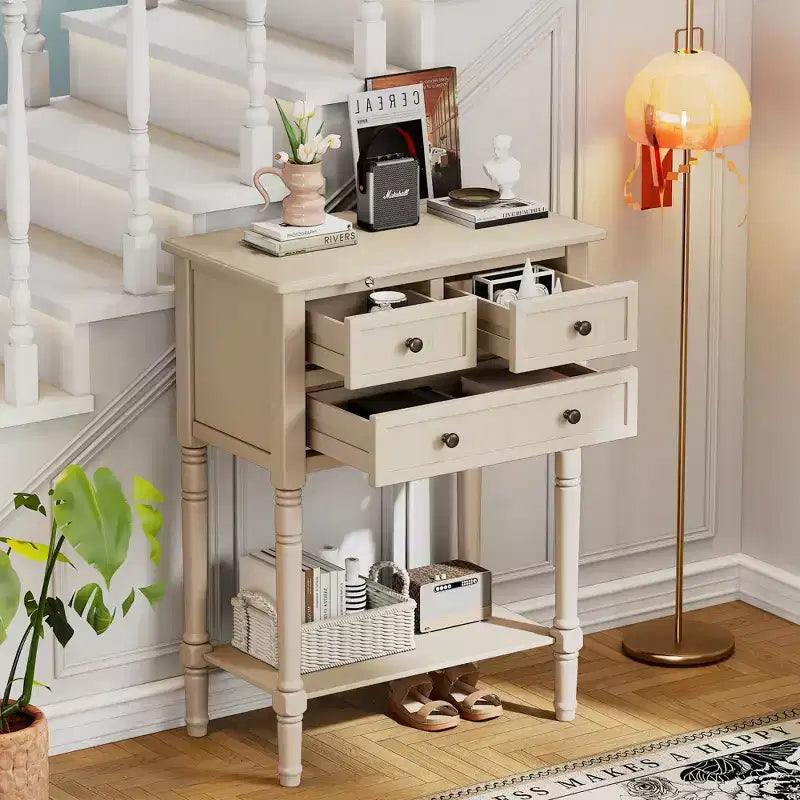GDFStudio Juliana Tavolo Consolle in Legno Massello con Cassetti Contenitori e Ripiano Inferiore