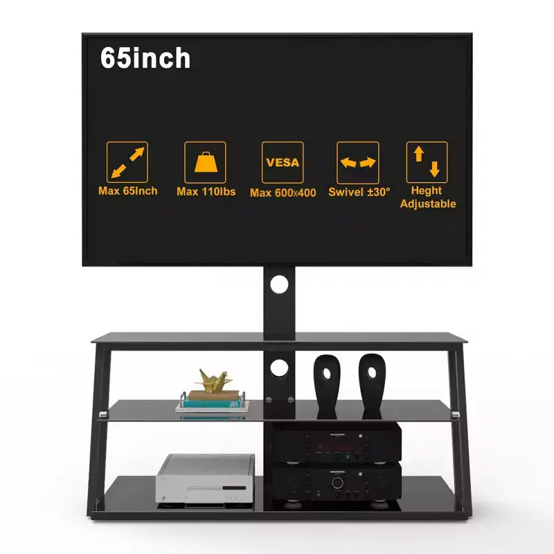 Supporto TV multifunzione regolabile in altezza e angolazione, colore nero, in vetro temperato, con funzione girevole e gestione cavi