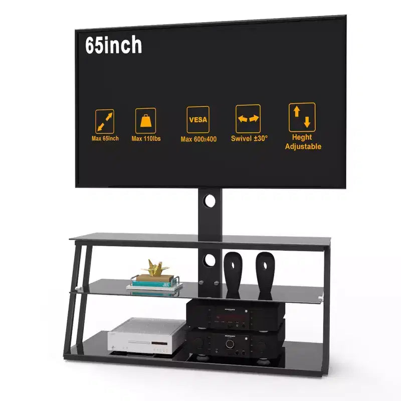 Supporto TV multifunzione regolabile in altezza e angolazione, colore nero, in vetro temperato, con funzione girevole e gestione cavi