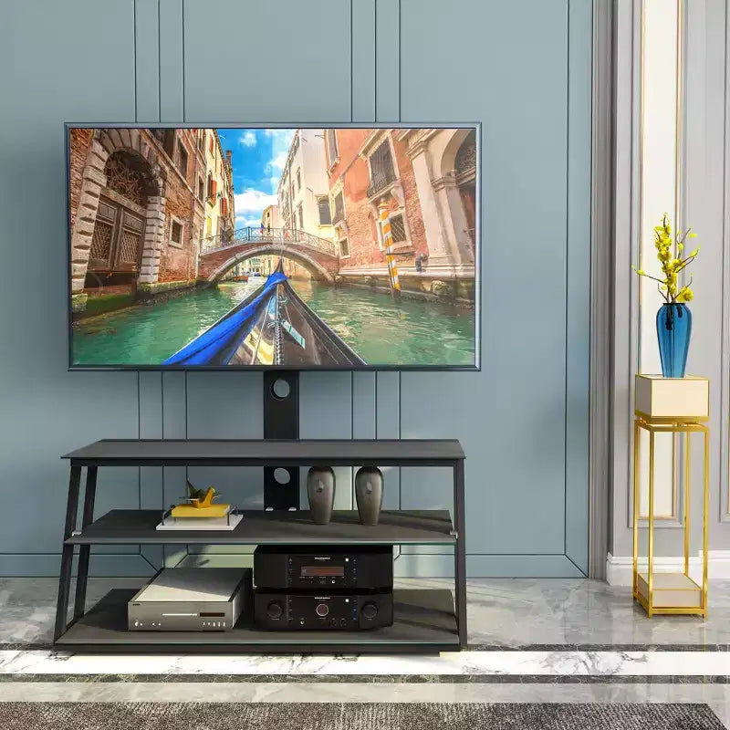 Supporto TV multifunzione regolabile in altezza e angolazione, colore nero, in vetro temperato, con funzione girevole e gestione cavi