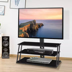 Supporto TV multifunzione regolabile in altezza e angolazione, colore nero, in vetro temperato, con funzione girevole e gestione cavi