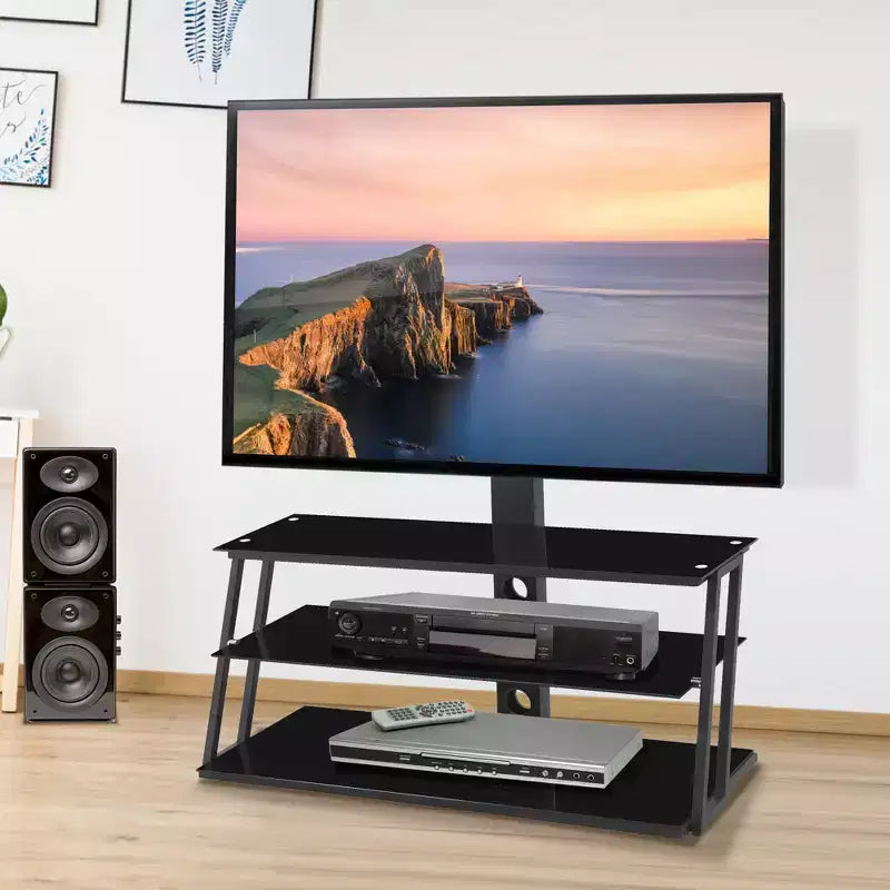 Supporto TV multifunzione regolabile in altezza e angolazione, colore nero, in vetro temperato, con funzione girevole e gestione cavi